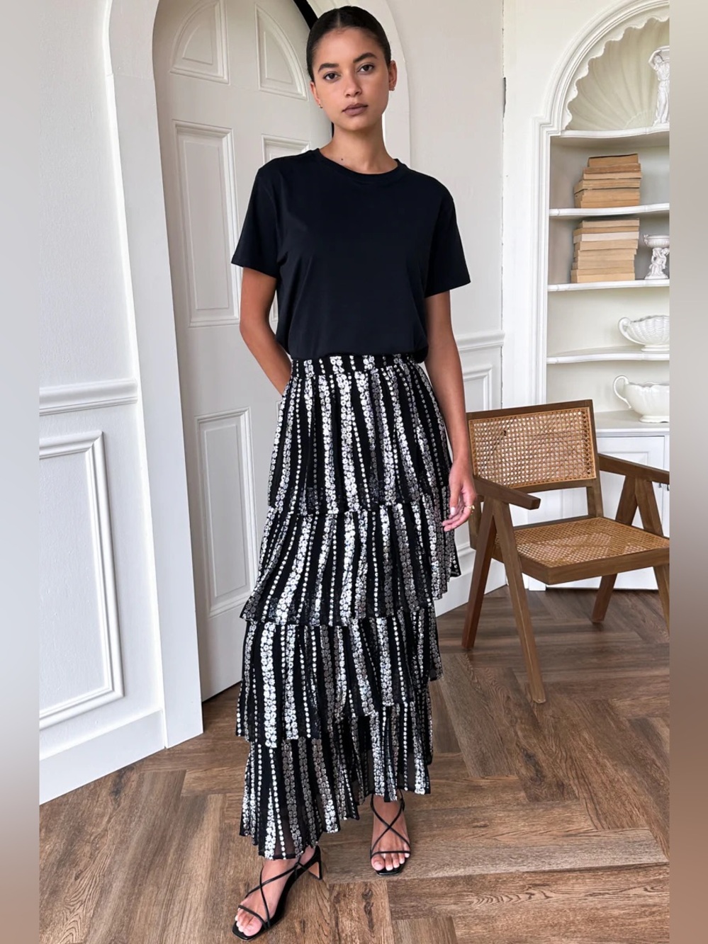 Emerson Fry Ruffle Midi Skirt Black + Silver. Size M. NWT.